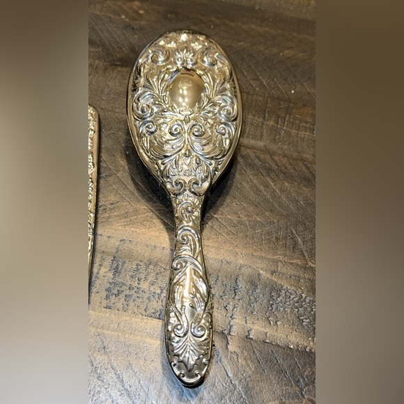 Vintage Silver Finish Vanity Mirror Brush Comb Set THREE PIECE BUNDLE main image 7